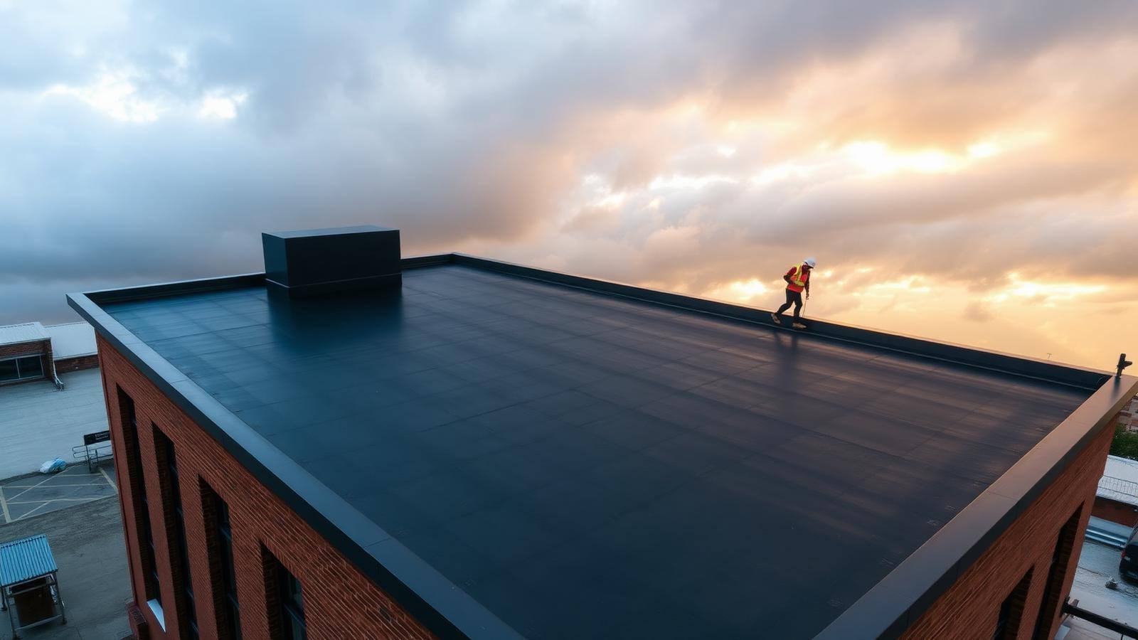Newly installed flat roof membrane on a commercial building
